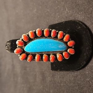 NWOT Geraldine James Native American Blue Turq & Red Coral SS Ring, Sz 8 3/4